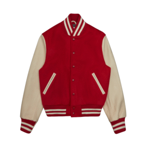 RED MELTON WOOL/STONE LEATHER CONTEMPORARY FIT - PREMIUM VARSITY JACKET